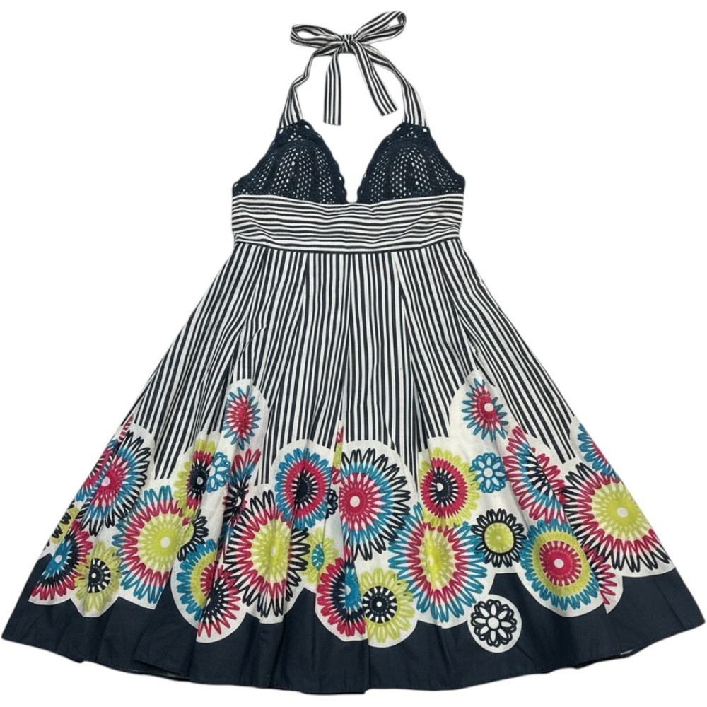 Lyndia‎ Procanik Y2K Dress Womens 4 Blue Mixed Floral Striped Crochet Mini Boho